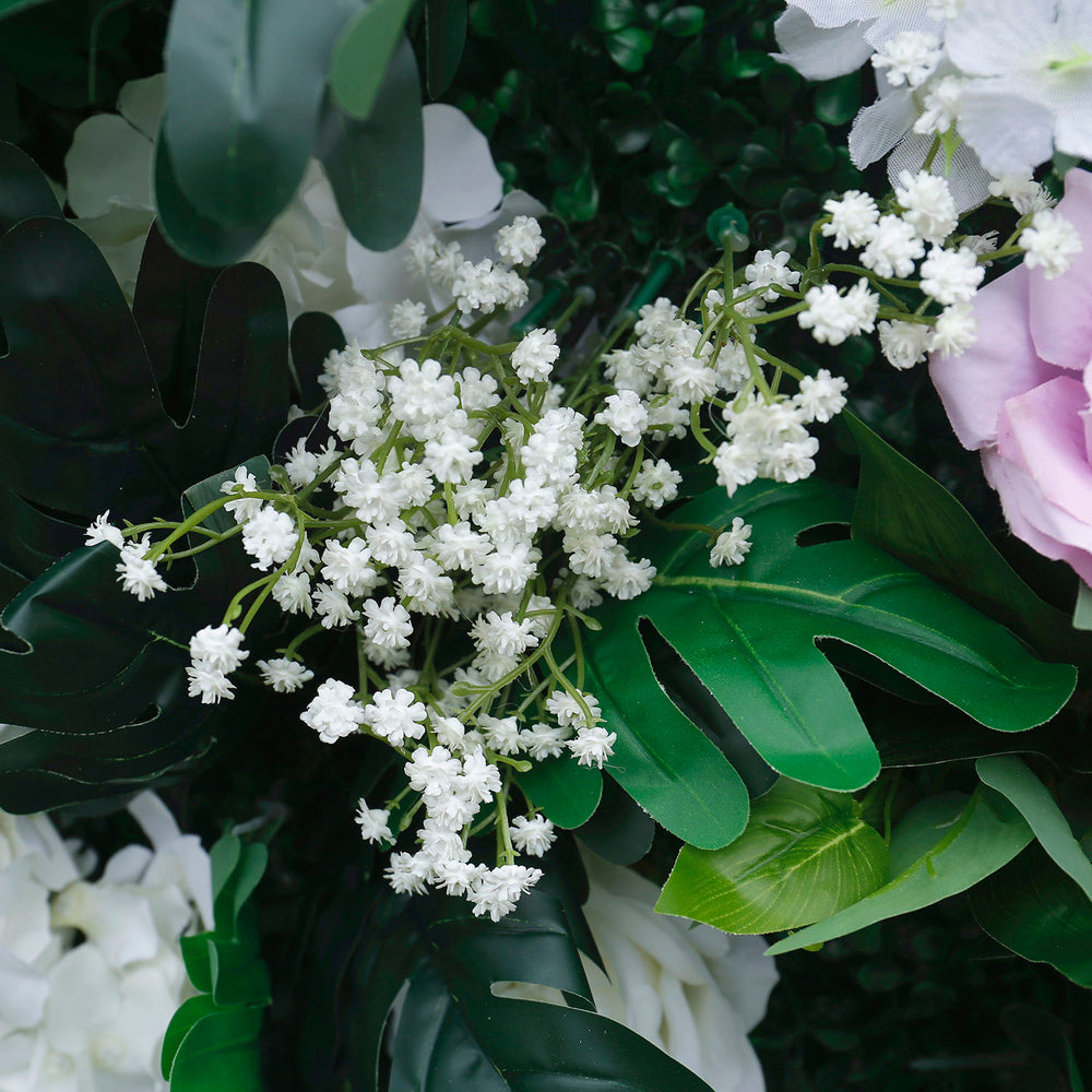 Atlasflowerswall 5D White Rose & Green Leaf Artificial Flower Wall – Birthday Party Backdrop Decor