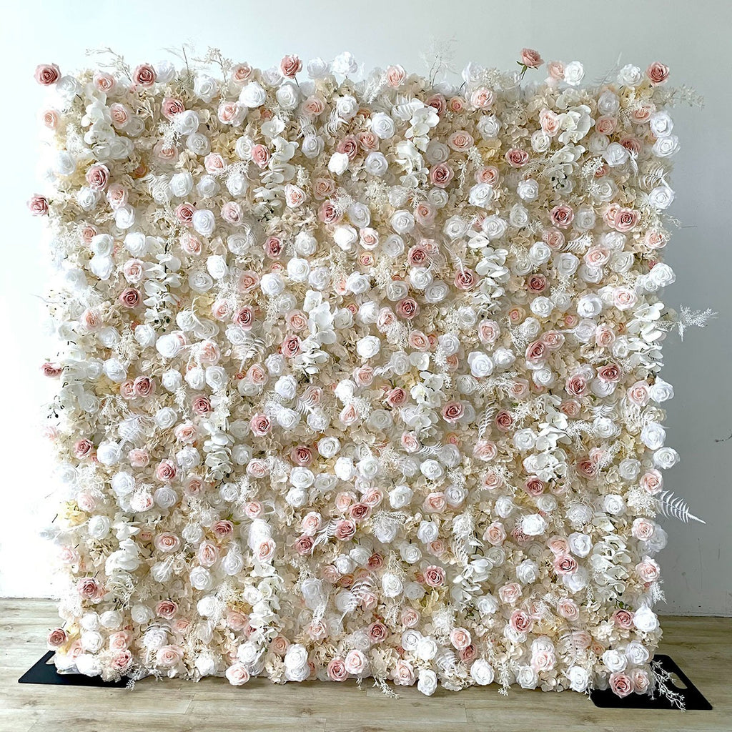 Atlasflowerswall 5D Champagne White Rose Fabric Flower Wall Backdrop for Event & Party Décor