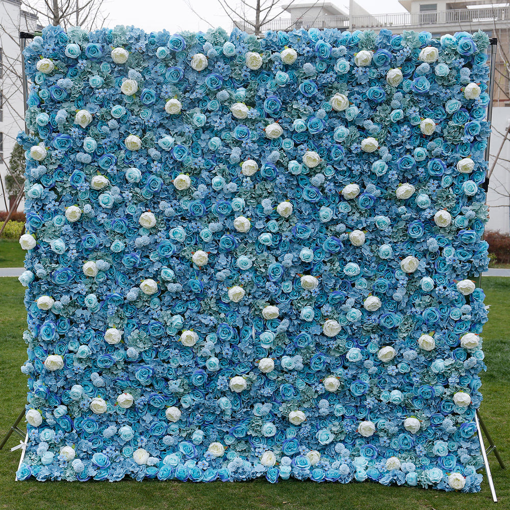 5D Blue & White Rose Artificial Flower Wall Backdrop for Wedding & Event Decor