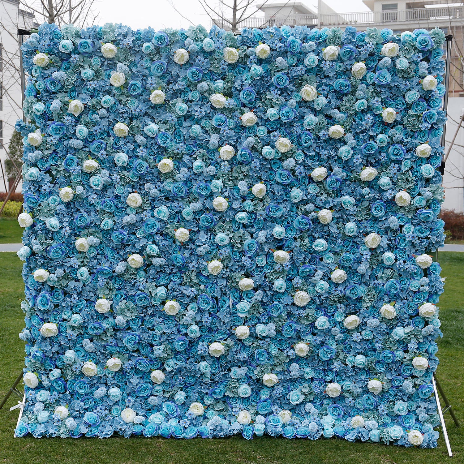 5D Blue & White Rose Artificial Flower Wall Backdrop for Wedding & Event Decor