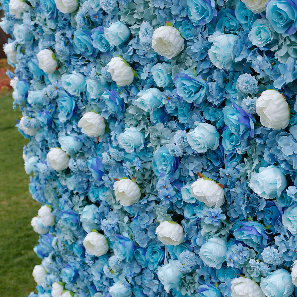 5D Blue & White Rose Artificial Flower Wall Backdrop for Wedding & Event Decor