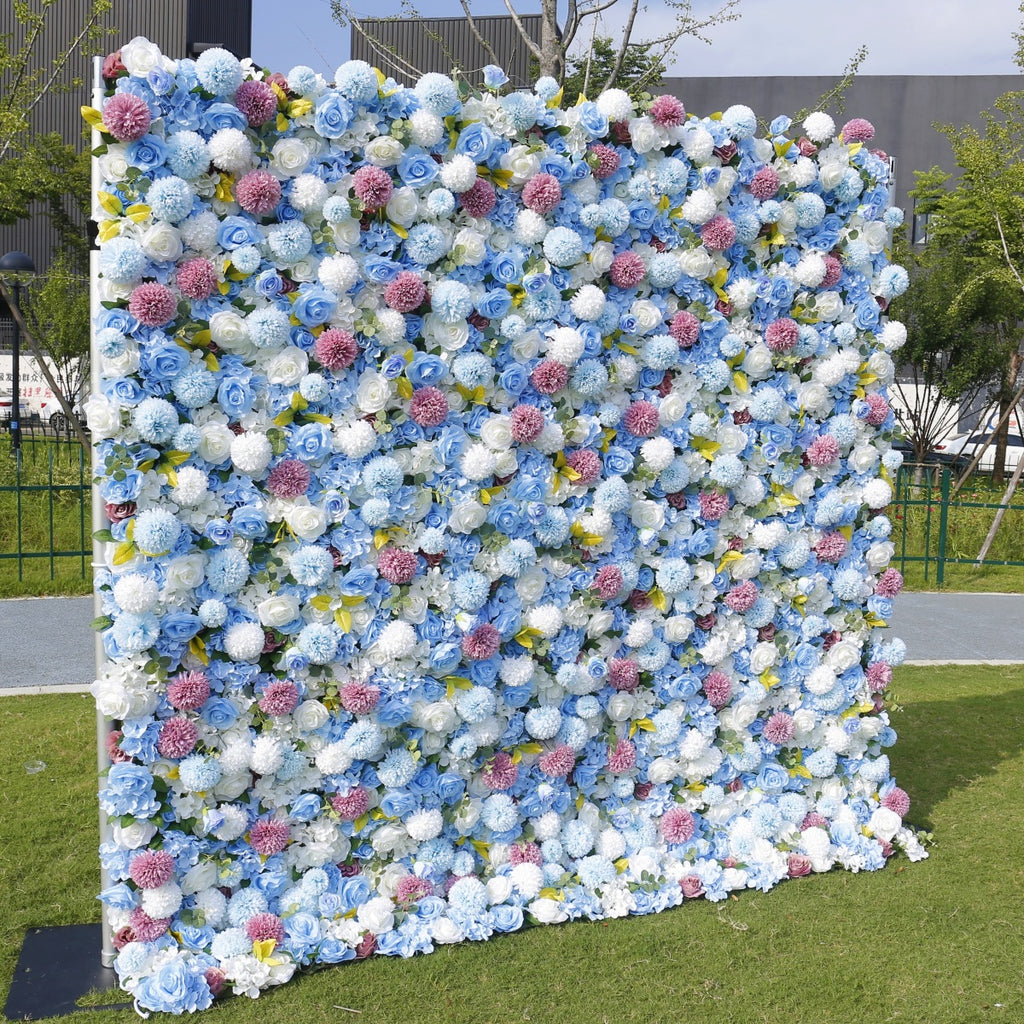Atlasflowerswall 3D Blue Rose Flower Wall Fabric Rolling Up Curtain Floral Backdrop Wedding Party Decor
