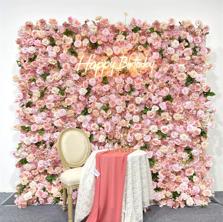 Atlasflowerswall 3D Pink Fabric Backed Artificial Flower Wall Backdrop for Wedding and Events