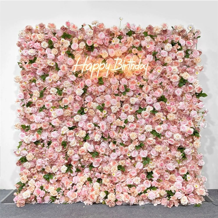 Atlasflowerswall 3D Pink Rose Rolling Up Curtain Flower Wall Backdrop for Event Decoration