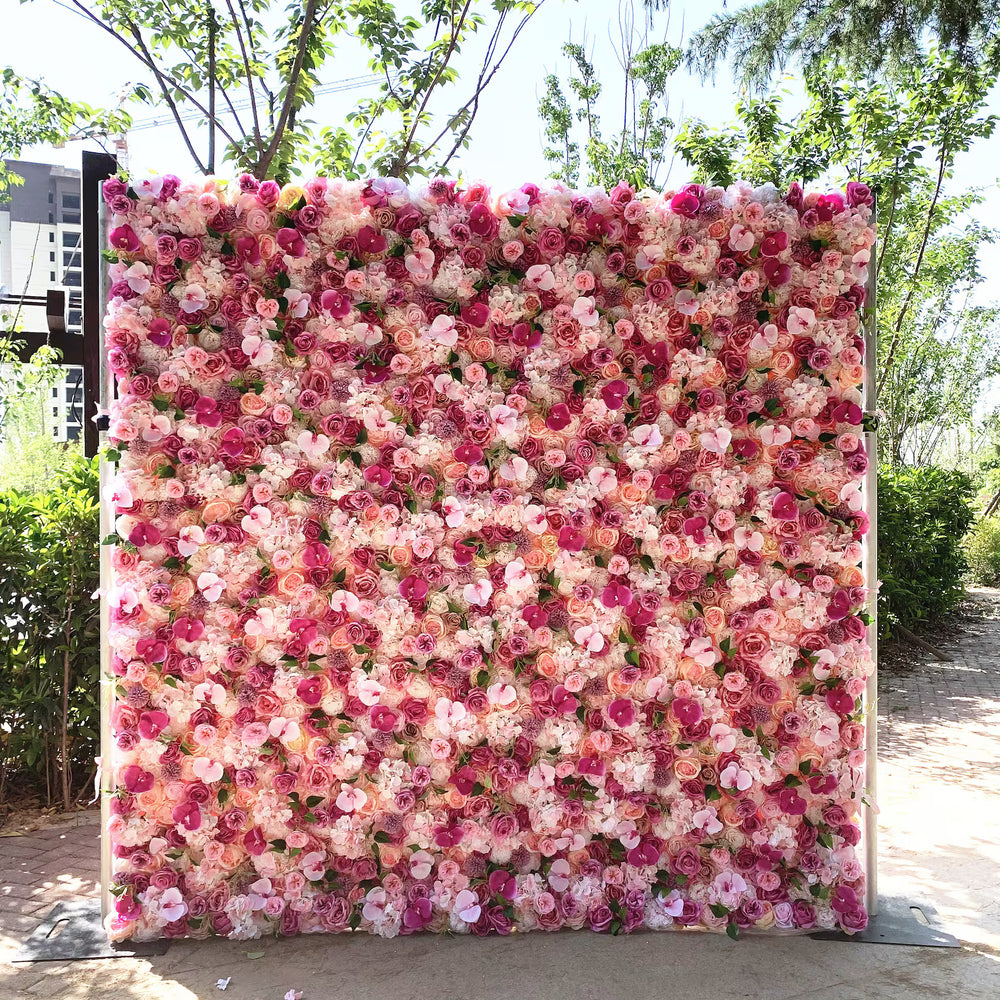 3D Pink Silk Rose & Orchid Artificial Flower Wall Backdrop for Event Party Decor