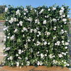 Atlasflowerswall 3D White Rose and Green Leaf Fabric Wedding Backdrop Flower Wall