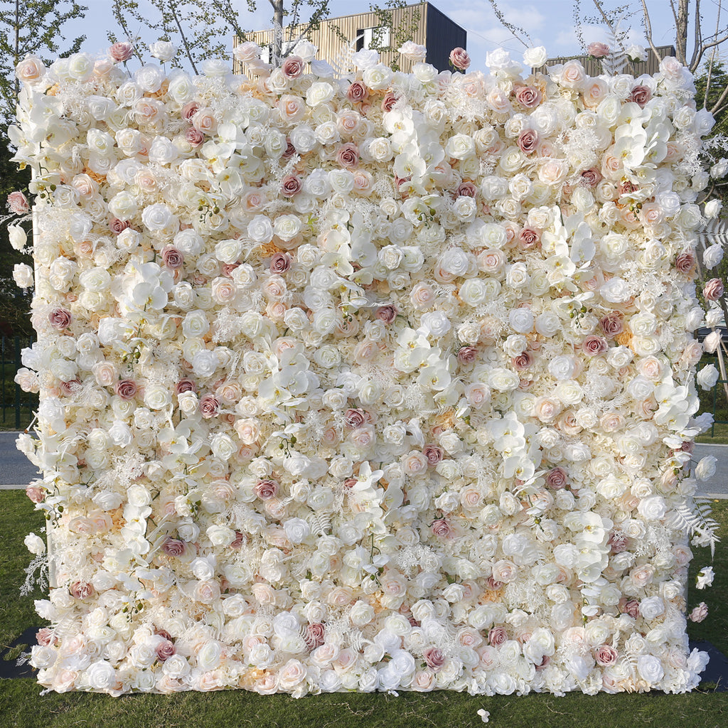 Atlasflowerswall 5D Champagne White Rose Fabric Flower Wall Backdrop for Event & Party Décor