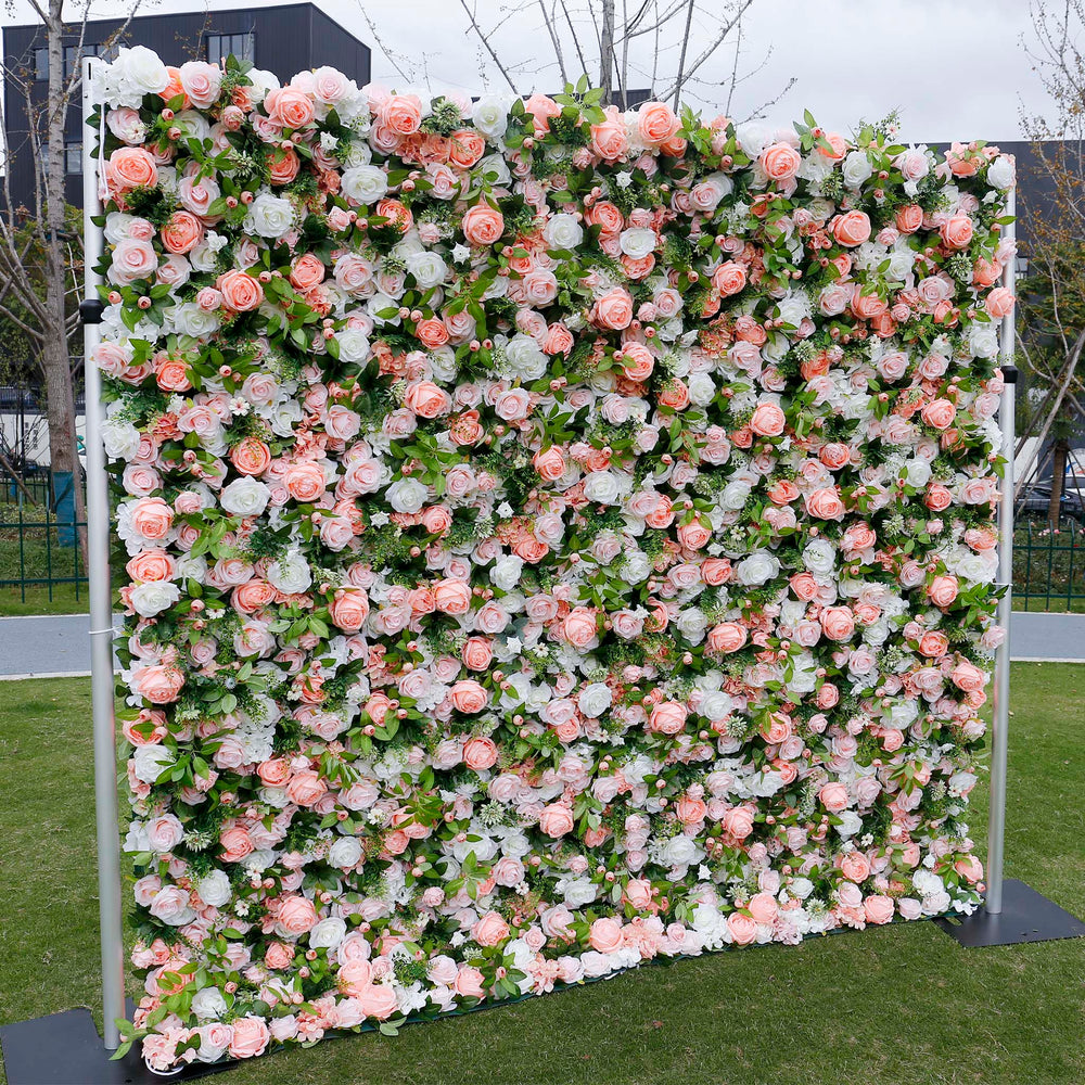 5D Peach Pink & White Rose Artificial Flower Wall Backdrop for Wedding & Event Decor