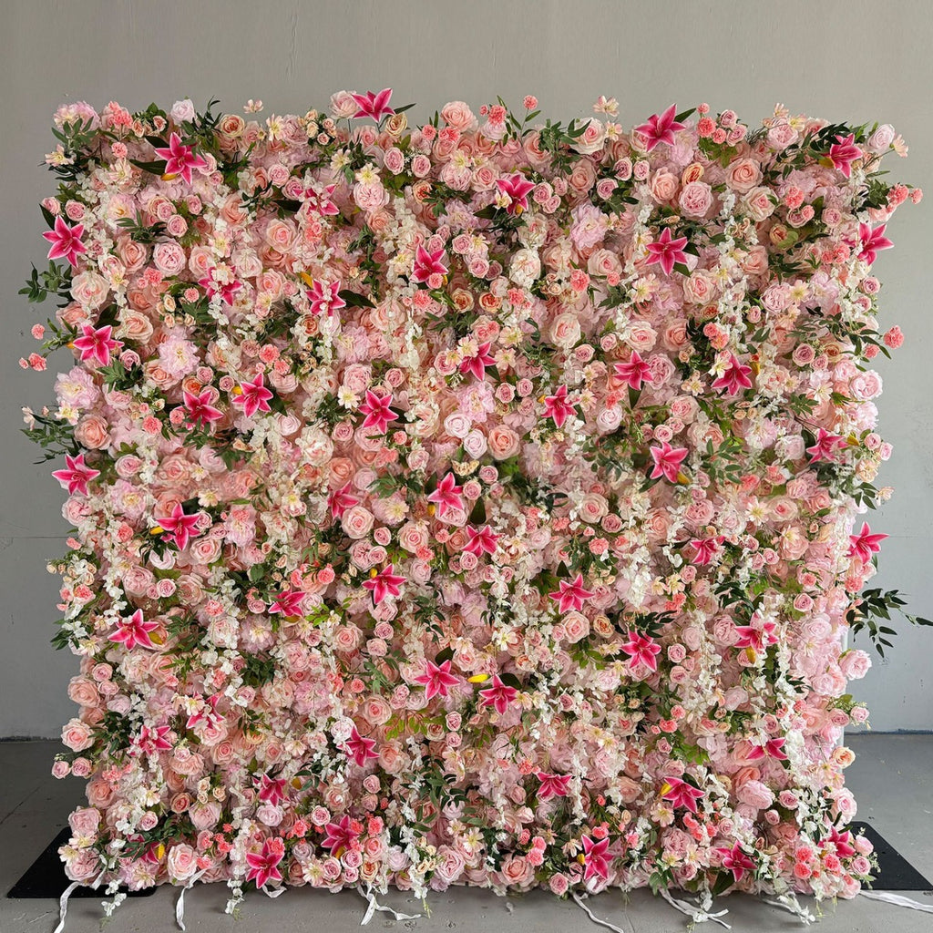 Atlasflowerswall 5D Pink Fabric Rolling Up Curtain Floral Backdrop For Wedding Party Decor