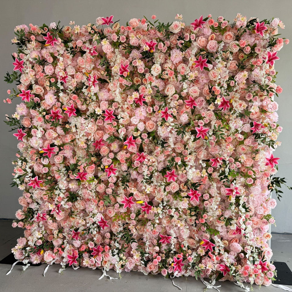 Atlasflowerswall 5D Pink Rose Lily Flower Wall Backdrop for Event Party Decoration