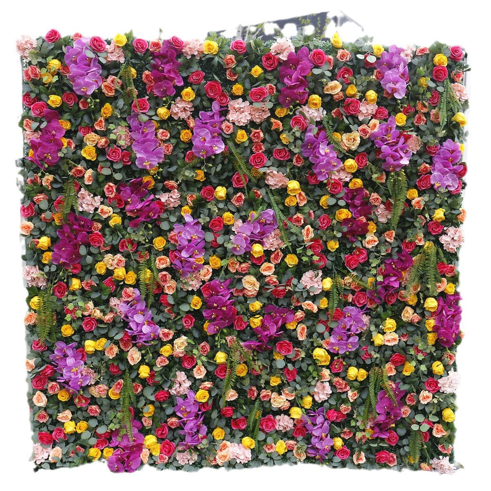 Atlasflowerswall 5D Premium Mixed Flower Wall Backdrop – Purple Orchids, Red & Yellow Roses