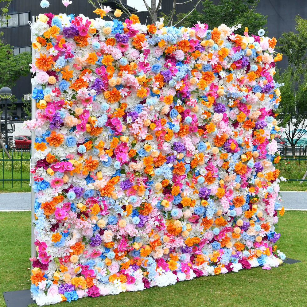 5D Rainbow Color Artificial Flower Wall Backdrop with Mixed Flowers Party & Photo Booth Decor