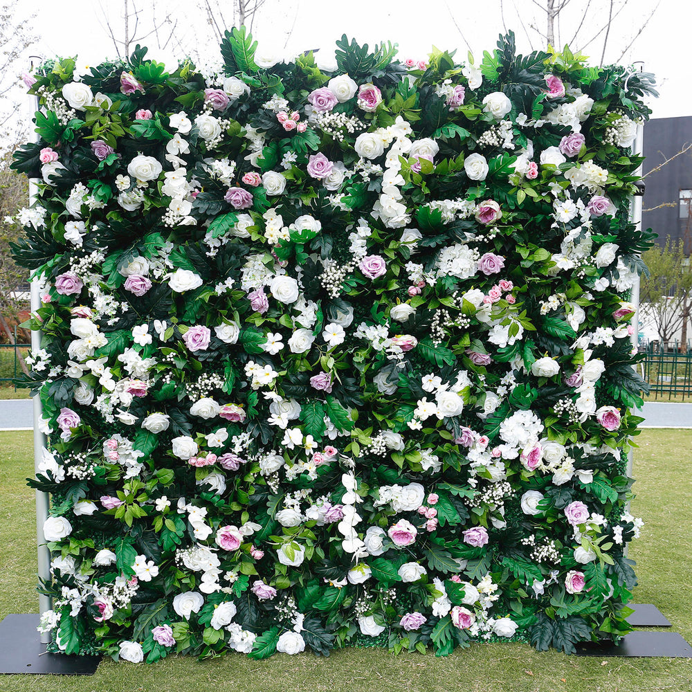 Atlasflowerswall 5D White Rose & Green Leaf Artificial Flower Wall – Birthday Party Backdrop Decor