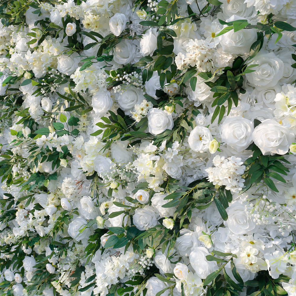 5D White Rose Green Leaf Flower Wall Backdrop