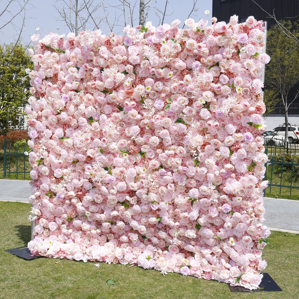 Atlasflowerswall 8ft*8ft Pink Rose Fabric Artificial Rolling Up Curtain Flower Wall