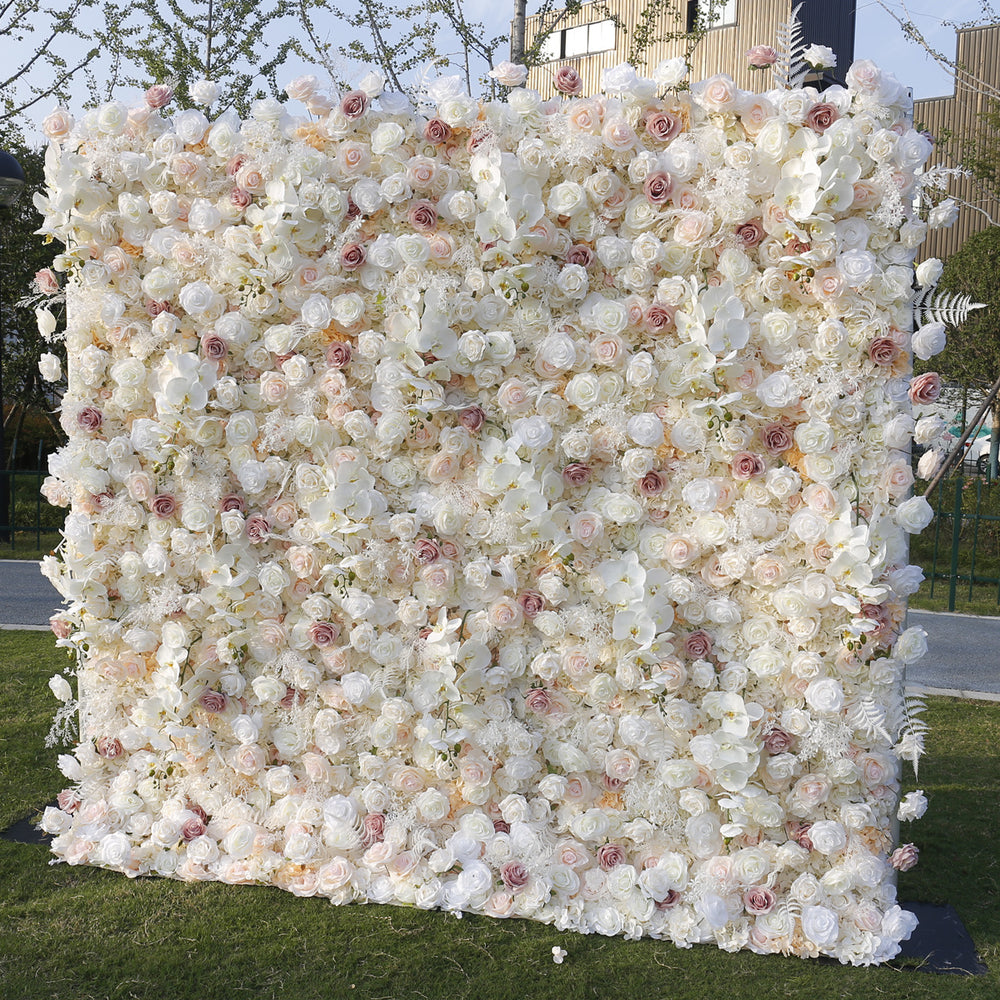 Atlasflowerswall 5D Champagne White Rose Fabric Flower Wall Backdrop for Event & Party Décor