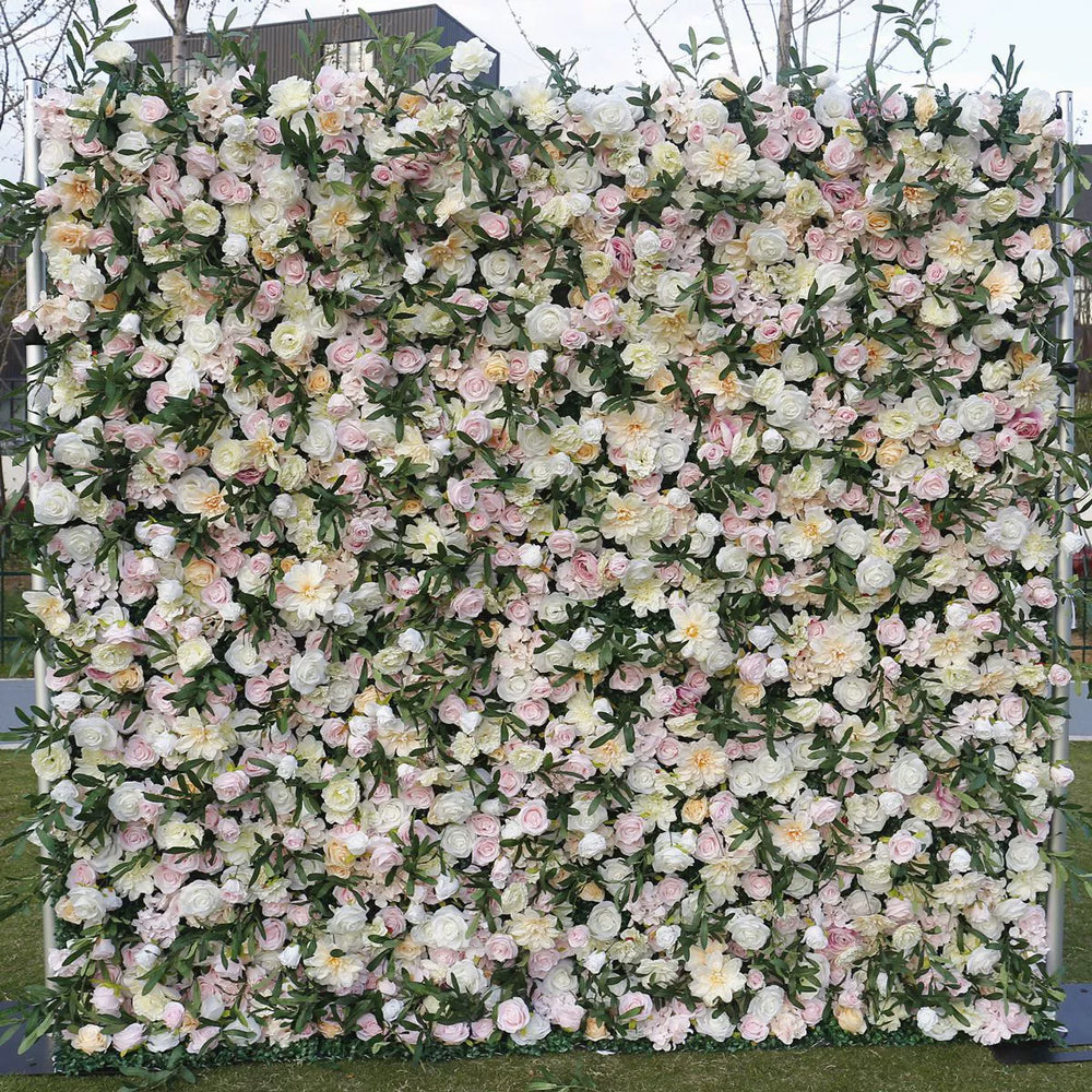 Atlasflowerswall Luxury 5D Blush Pink & Ivory Rose Artificial Flower Wall Backdrop Wedding Party Decor