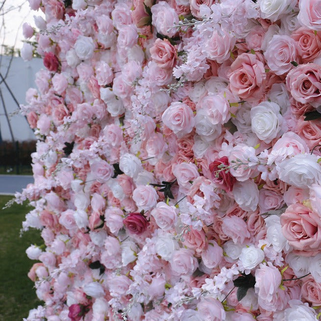 Atlasflowerswall 5D Pink Fabric Rolling Up Curtain Floral Wall Backdrop Wedding Party Proposal Decor