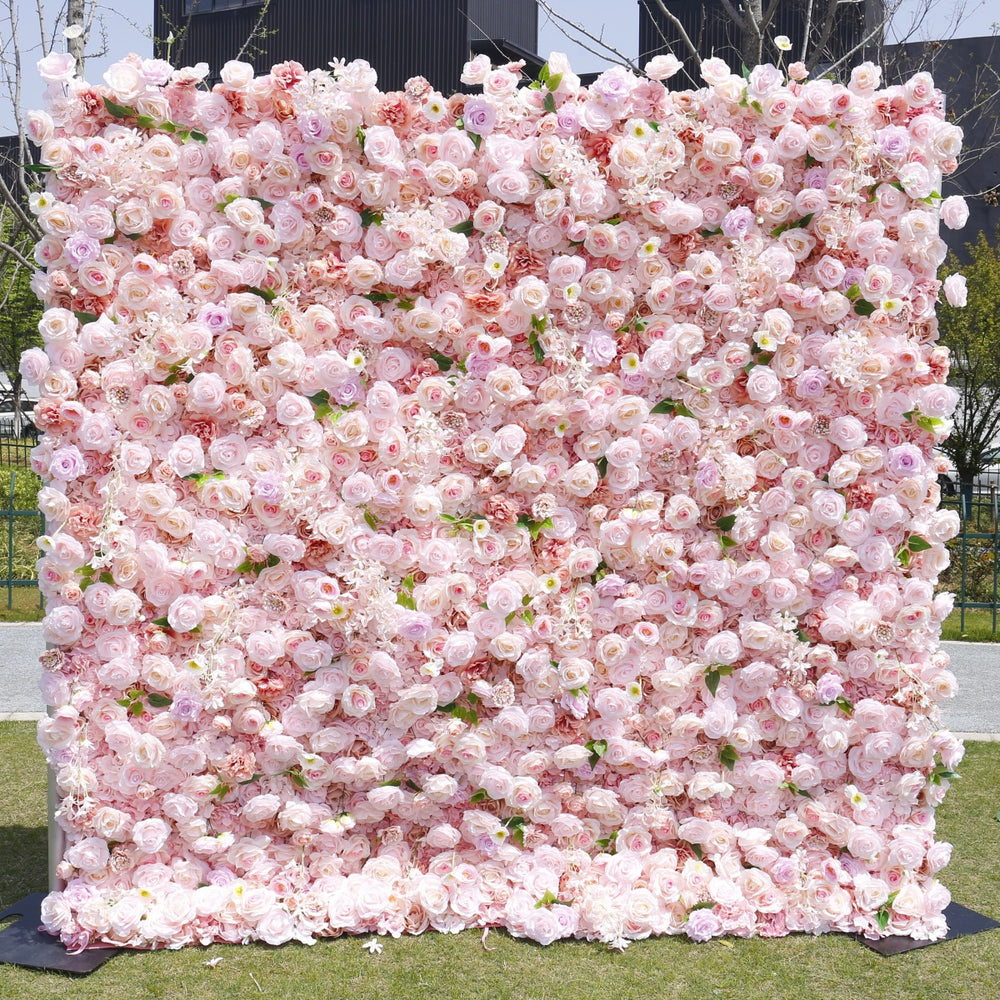 Atlasflowerswall 8ft*8ft Pink Rose Fabric Artificial Rolling Up Curtain Flower Wall