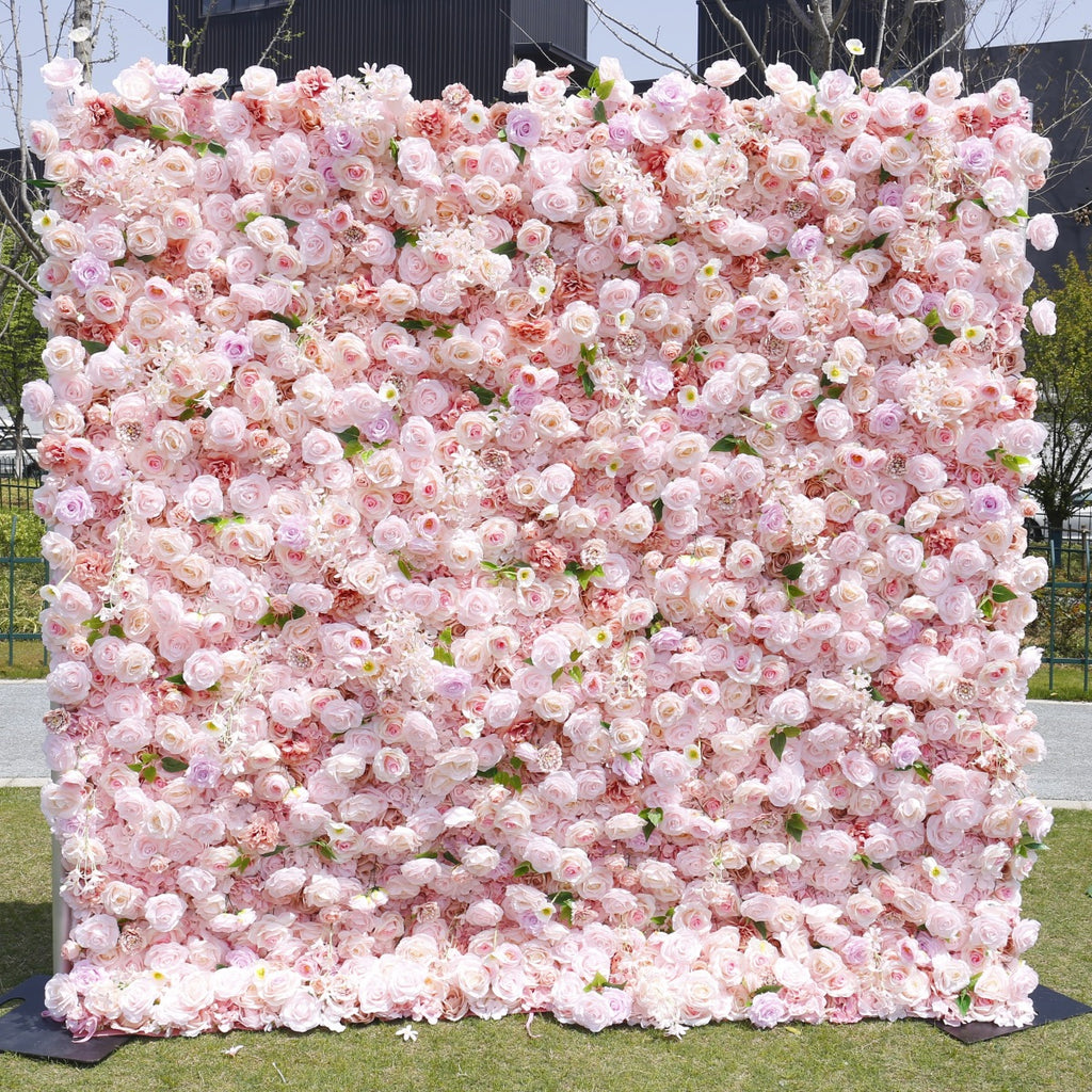 Atlasflowerswall 8ft*8ft Pink Rose Fabric Artificial Rolling Up Curtain Flower Wall