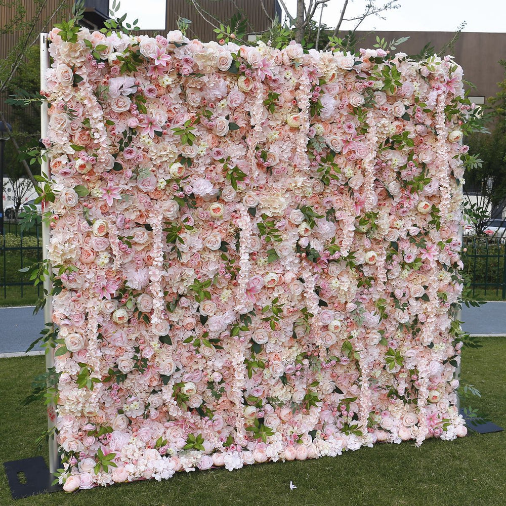 Atlasflowerswall 5D Pink Rose Fabric Roll-Up Flower Wall Backdrop for Wedding & Event Decor