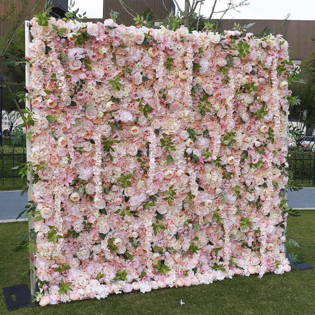Atlasflowerswall 5D Pink Rose Fabric Roll-Up Flower Wall Backdrop for Wedding & Event Decor