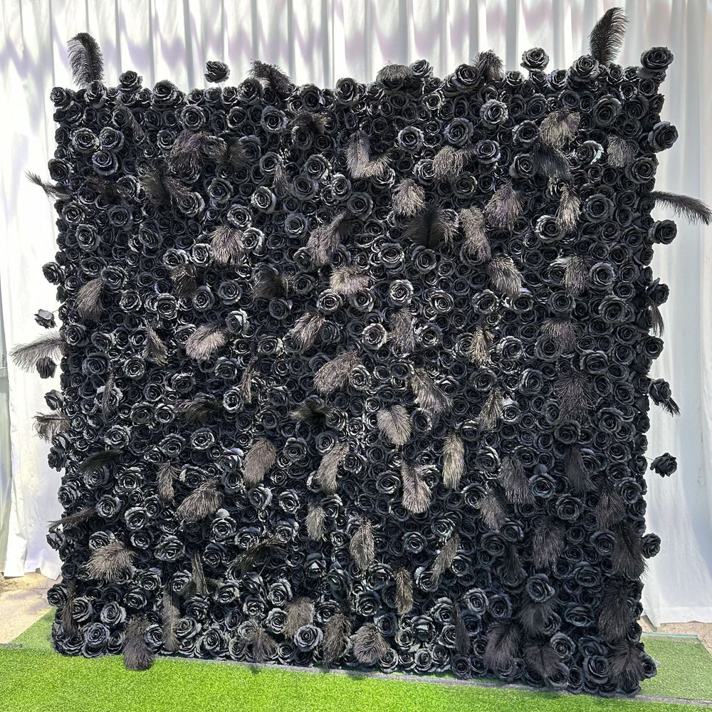 5D Black Feather Rose Artificial Flower Wall Backdrop for Event & Party Decoration