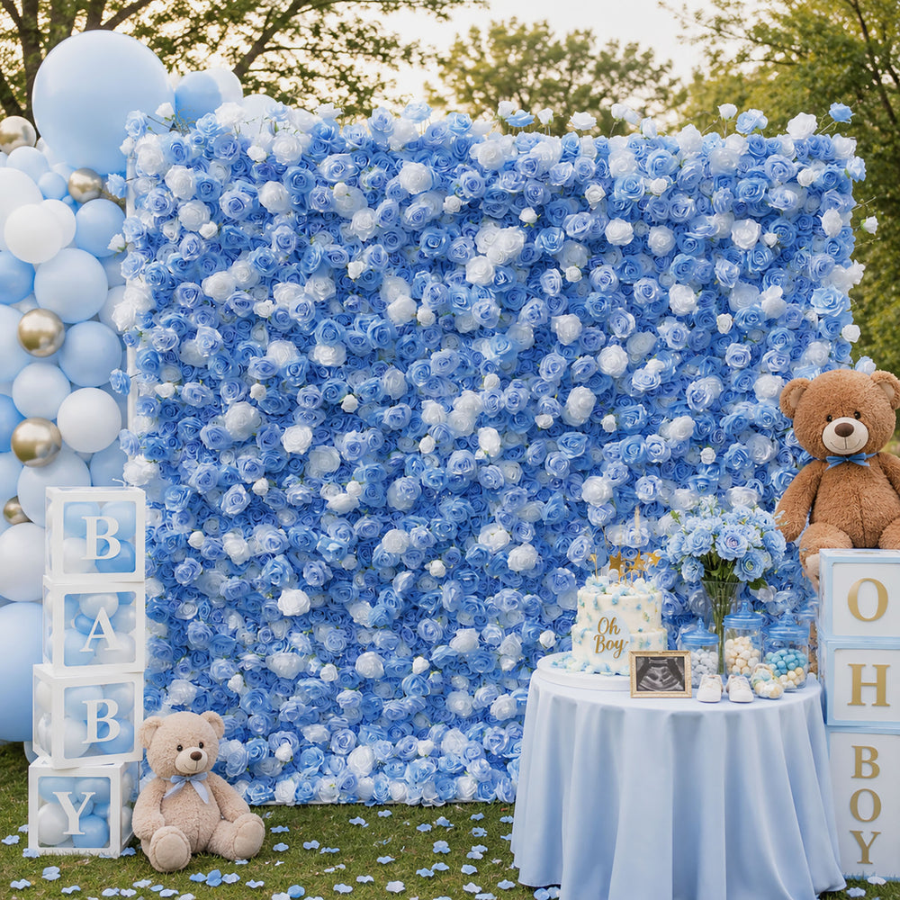 5D Blue & White Rose Artificial Flower Wall Backdrop for Wedding Party Decor