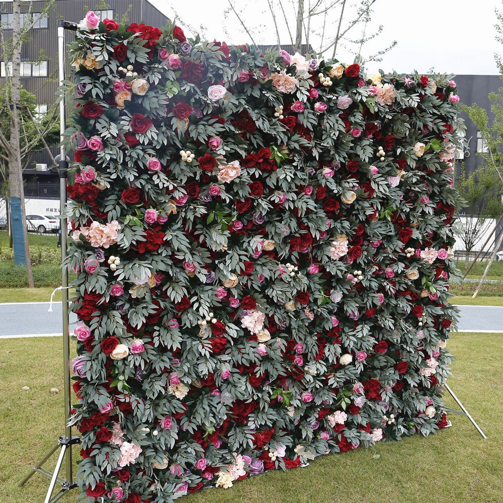 5D Burgundy Pink Rose Mixed Flower Wall Backdrop for Wedding & Event Decor
