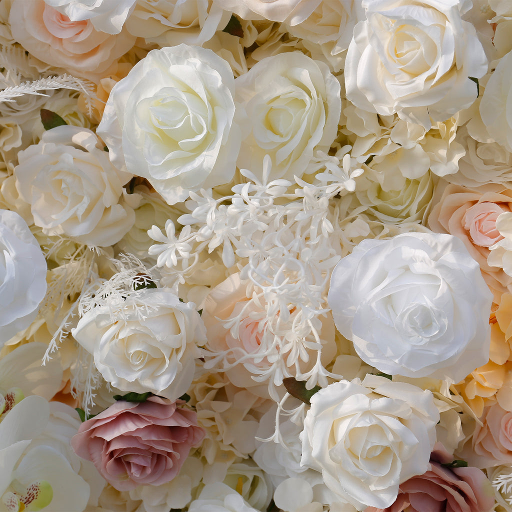 Atlasflowerswall 5D Champagne White Rose Fabric Flower Wall Backdrop for Event & Party Décor