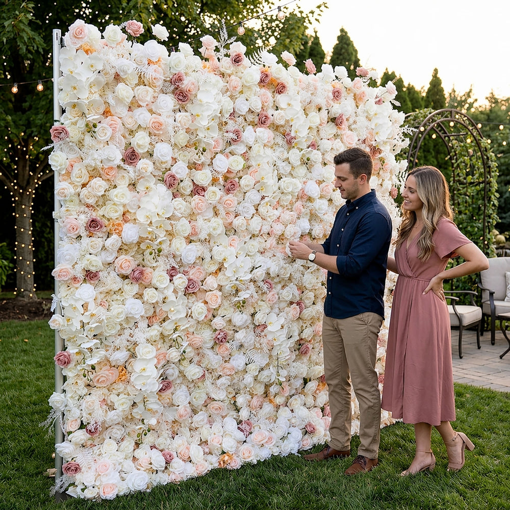 Atlasflowerswall 5D Champagne White Rose Fabric Flower Wall Backdrop for Event Party Decor