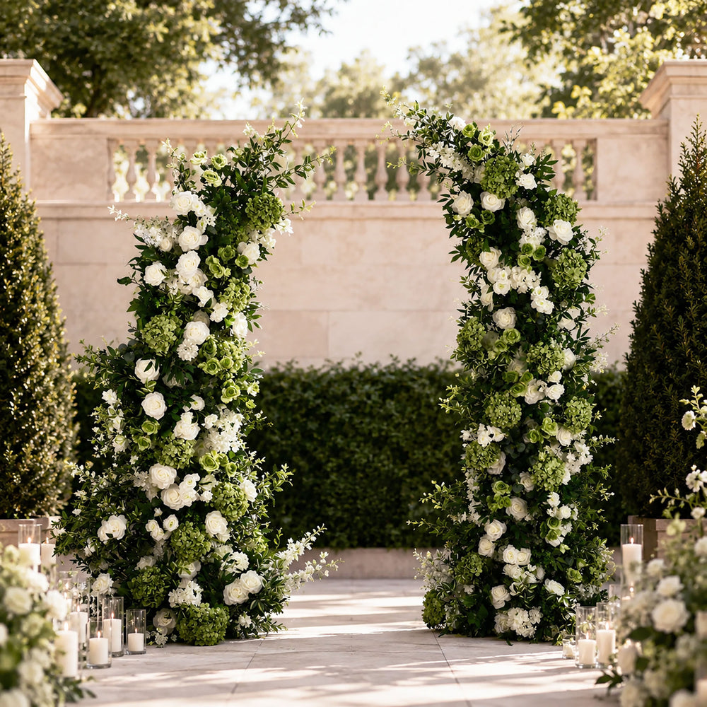 Green Artificial Flower Arch Set with Floral Pillars for Wedding & Proposal Decor