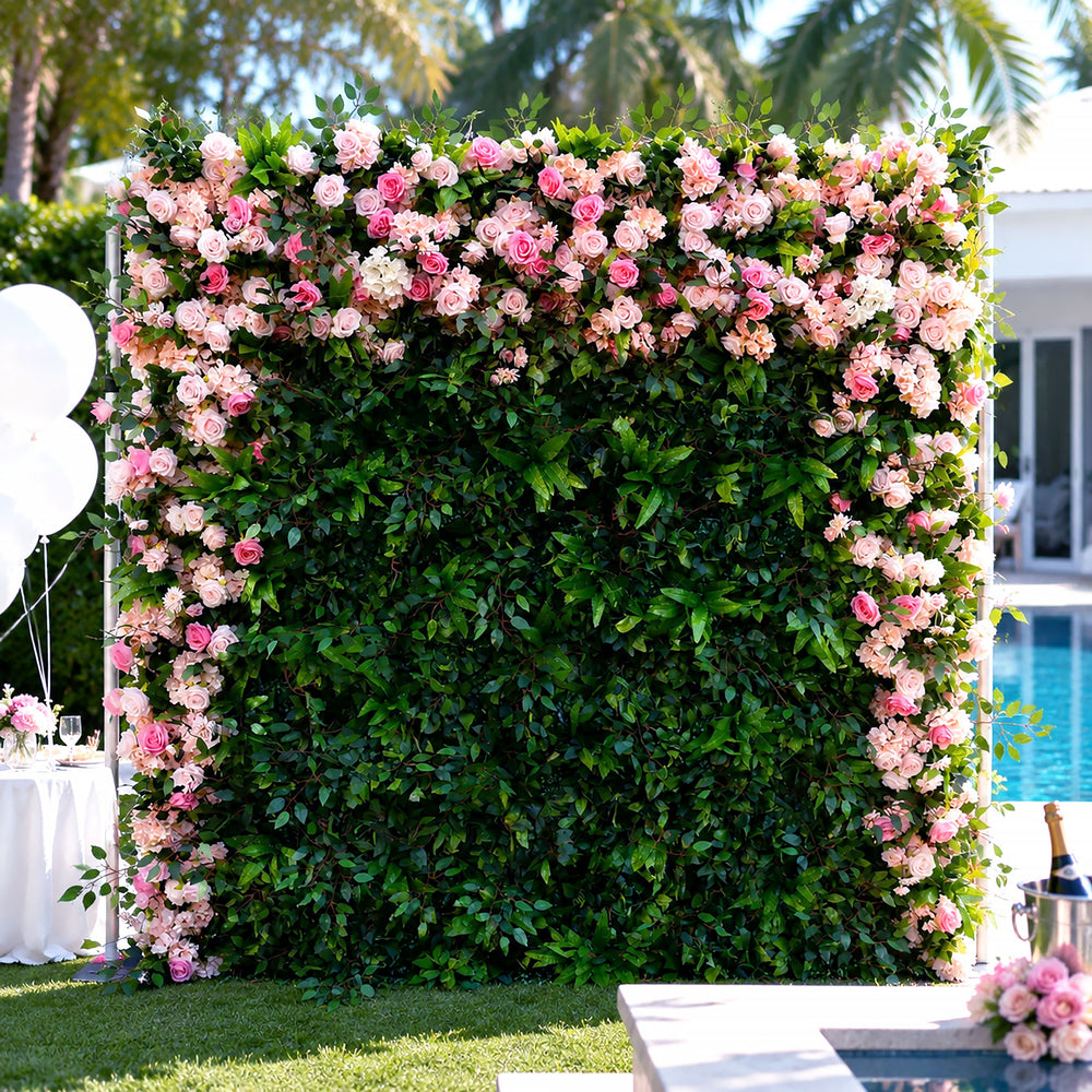 5D Forest Greenery Artificial Flower Wall with Pink Rose Frame for Wedding & Event Decor