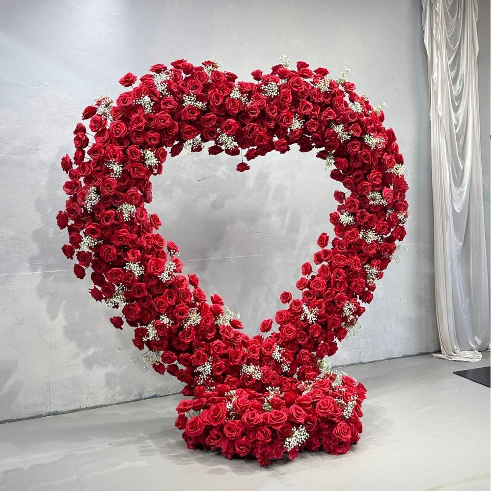 Luxury Heart-Shaped Red Rose Floral Arch Backdrop