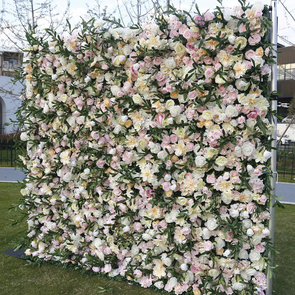 Atlasflowerswall Luxury 5D Blush Pink & Ivory Rose Artificial Flower Wall Backdrop Wedding Party Decor
