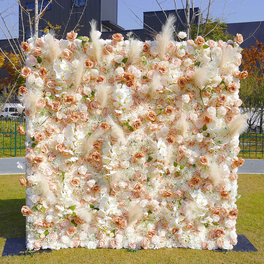 Luxury Champagne Rose Feather Flower Wall Backdrop Artificial Floral Curtain for Wedding Party Decor