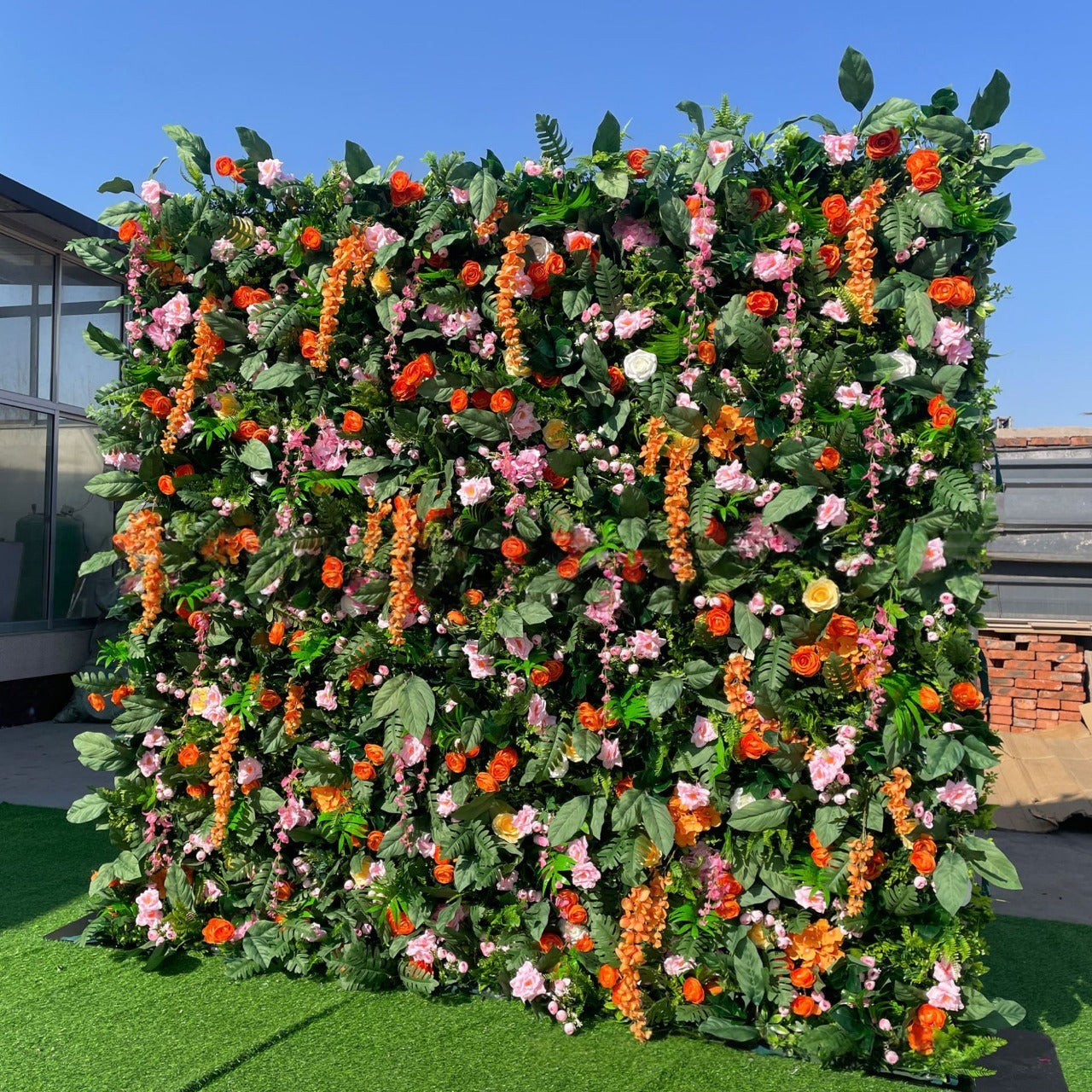 5D Orange And Green Mixed Flower Wall Backdrop for Event Party Decorations