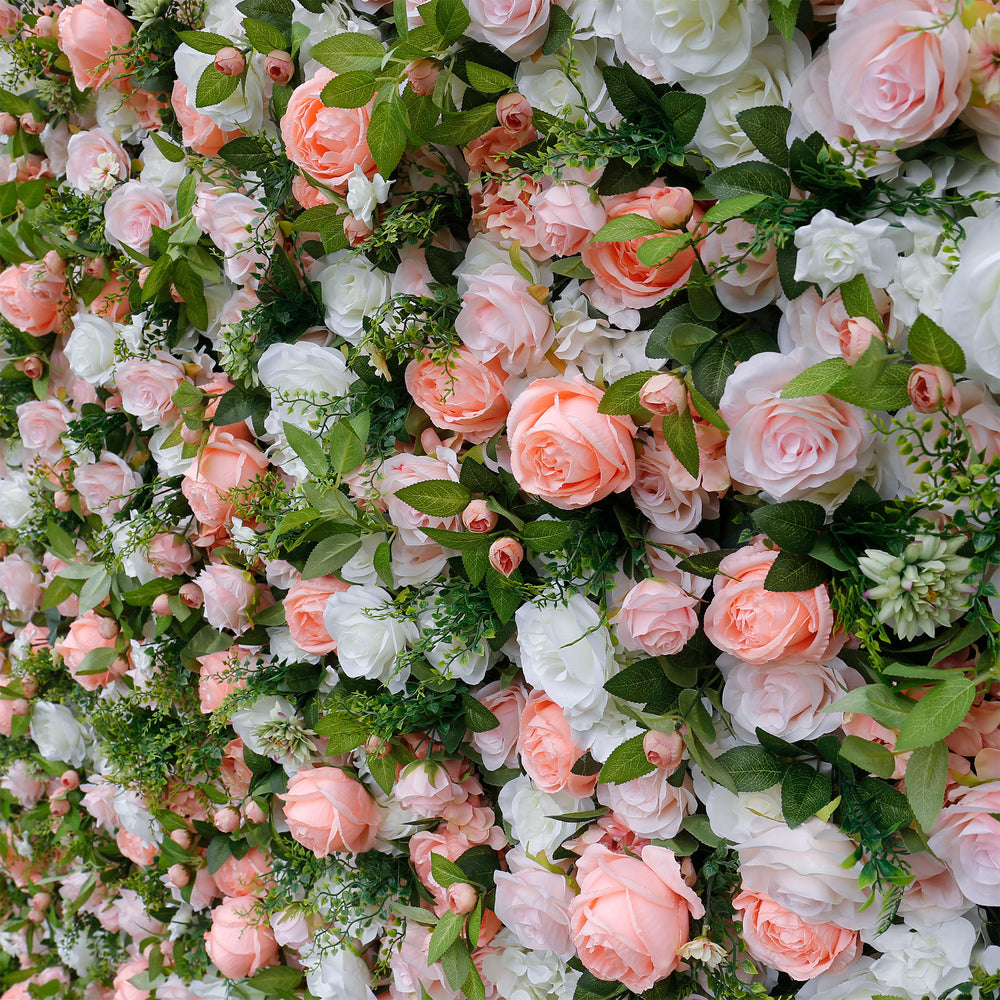 5D Peach Pink & White Rose Artificial Flower Wall Backdrop for Wedding & Event Decor