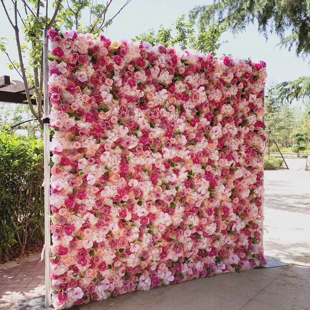 3D Pink Silk Rose & Orchid Artificial Flower Wall Backdrop for Event Party Decor