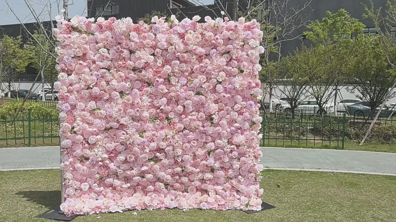 Atlasflowerswall 8ft*8ft Pink Rose Fabric Artificial Rolling Up Curtain Flower Wall