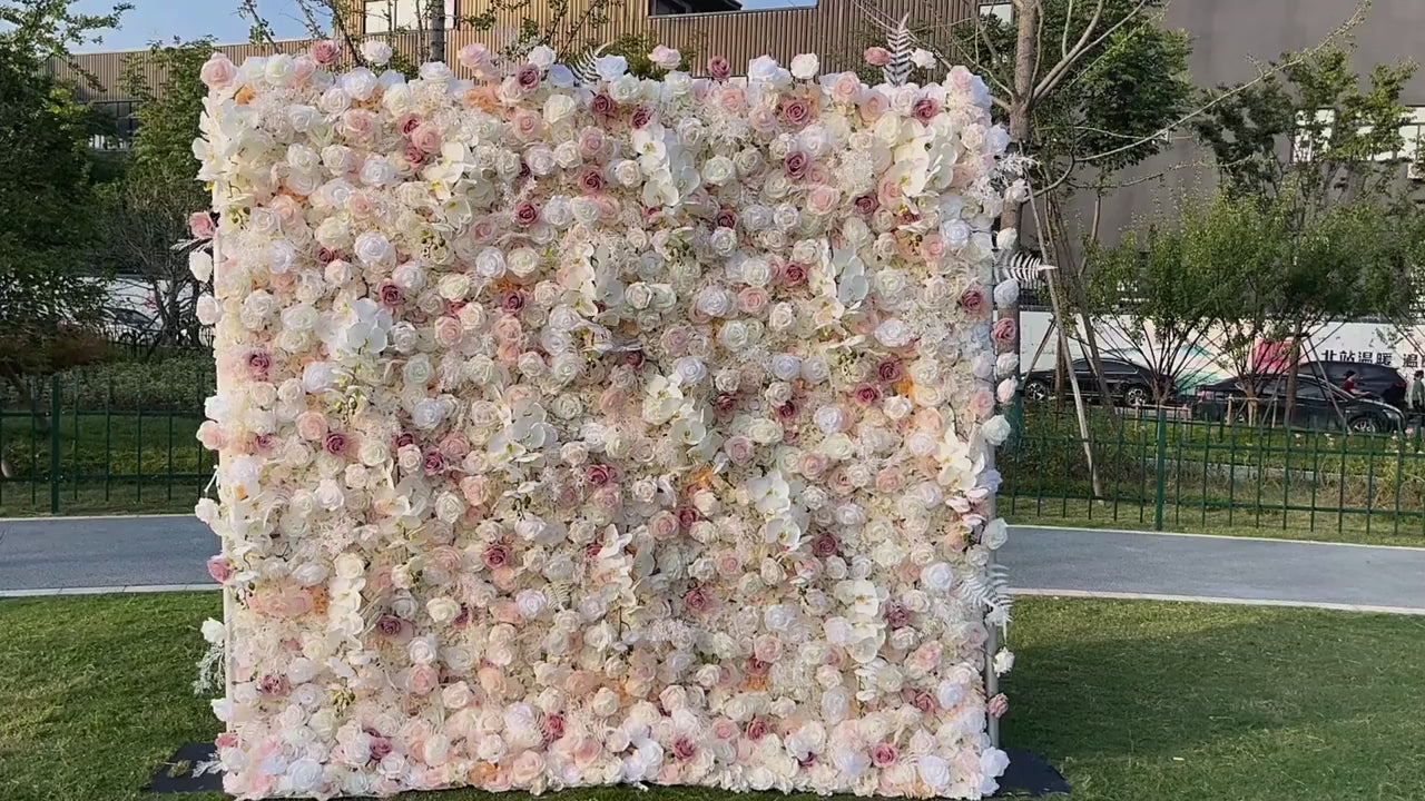 Atlasflowerswall 5D Champagne White Rose Fabric Flower Wall Backdrop for Event & Party Décor