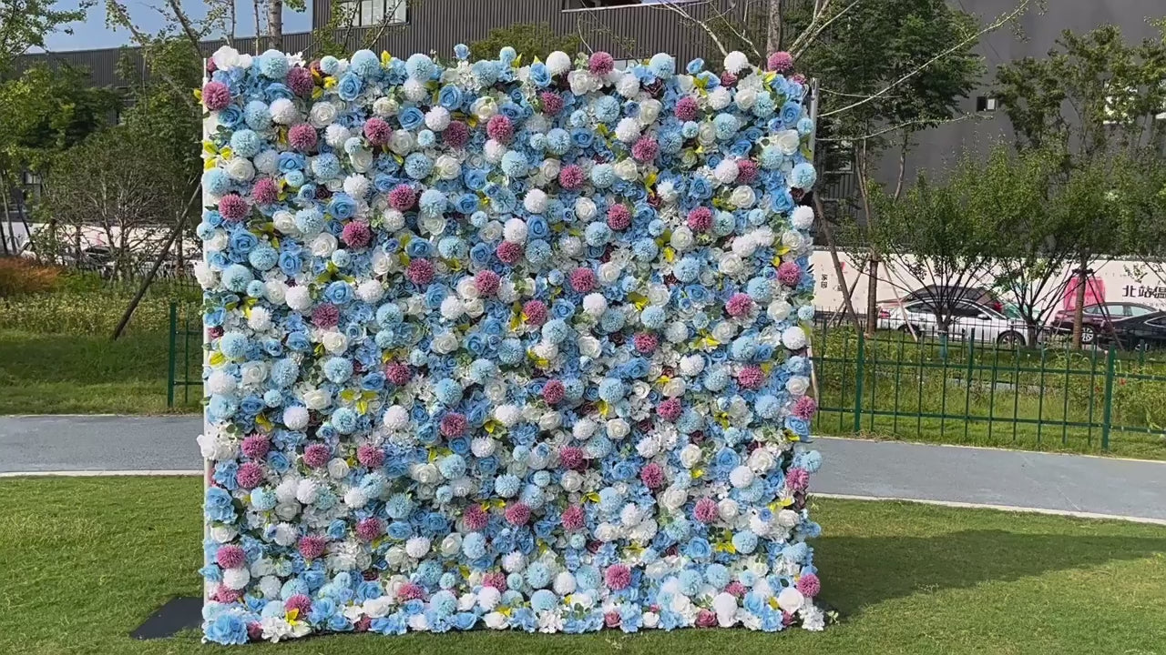 Atlasflowerswall 3D Blue Rose Flower Wall Fabric Rolling Up Curtain Floral Backdrop Wedding Party Decor