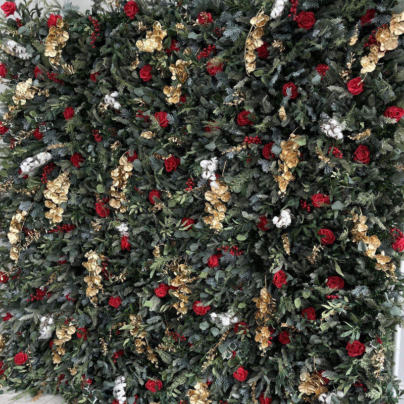 5D Red Rose Greenery Christmas Flower Wall Backdrop for Event Party Decor