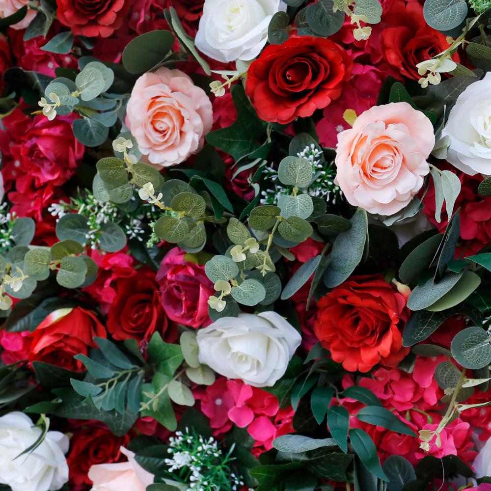 5D Red & White Rose Artificial Flower Wall Backdrop for Wedding & Event Decor