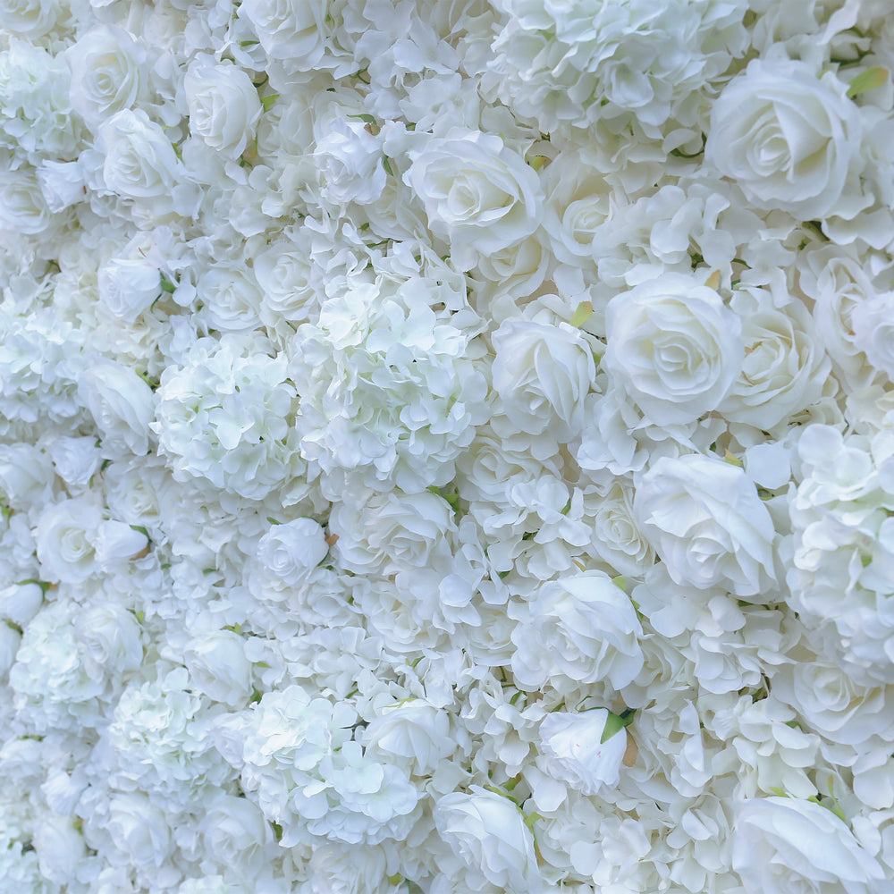 Atlasflowerswall 3D White Hydrangea & Rose Artificial Flower Wall Roll-Up Backdrop for Wedding Decor