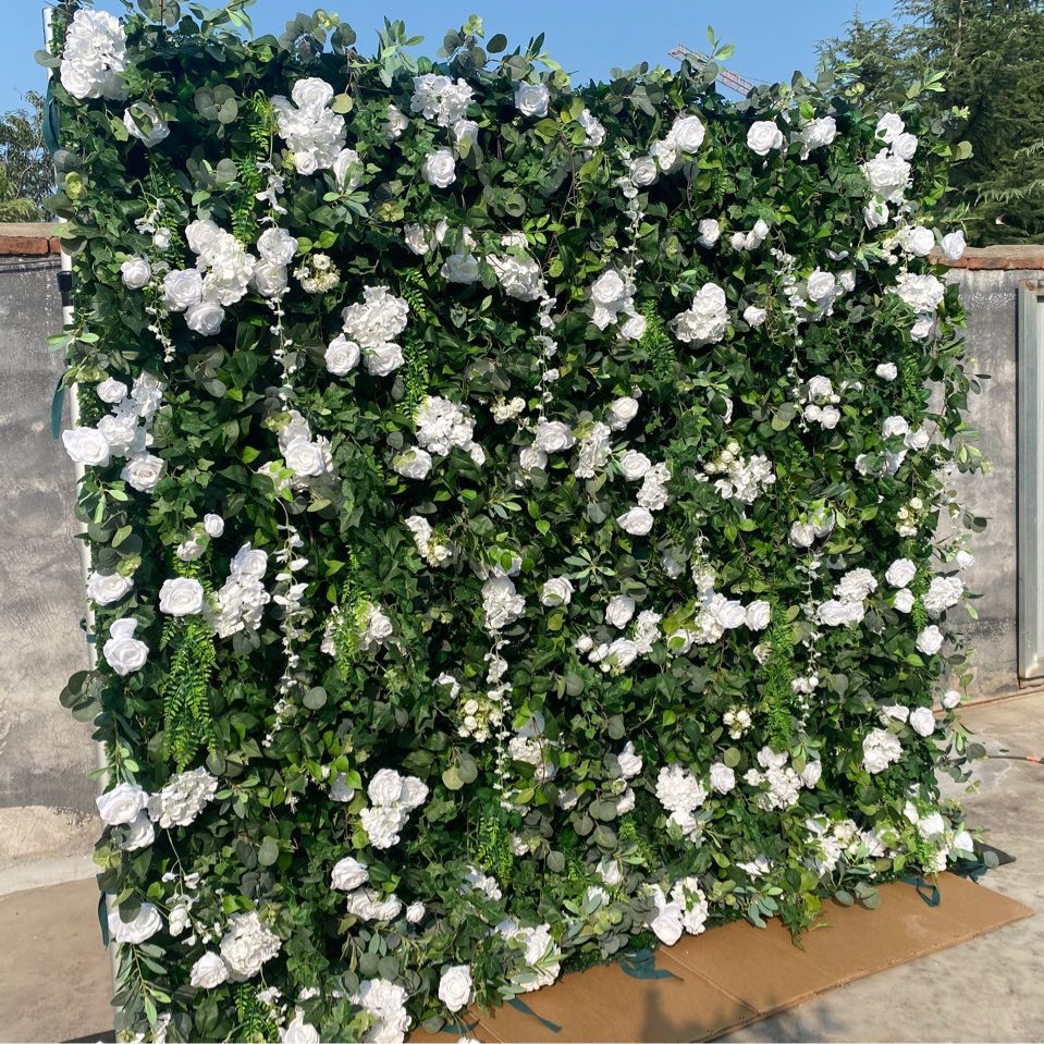 Atlasflowerswall 3D White Rose and Green Leaf Fabric Wedding Backdrop Flower Wall