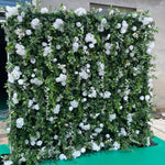 Atlasflowerswall 3D White Rose and Green Leaf Fabric Wedding Backdrop Flower Wall