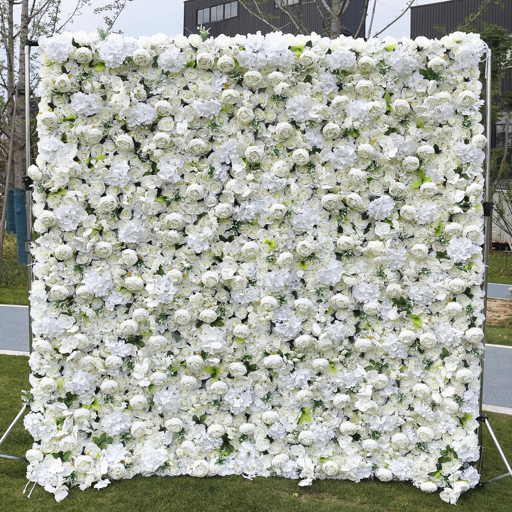 3D White Rose Artificial Fabric Backdrop Rolling Up Curtain Flower Wall - Wedding Decoration