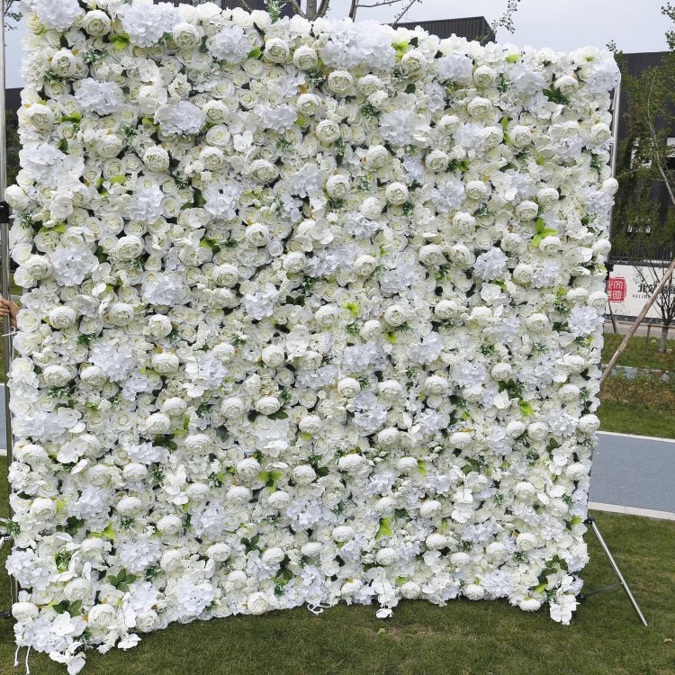 3D White Rose Artificial Fabric Backdrop Rolling Up Curtain Flower Wall - Wedding Decoration