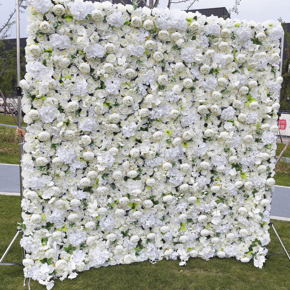 3D White Rose Artificial Fabric Backdrop Rolling Up Curtain Flower Wall - Wedding Decoration